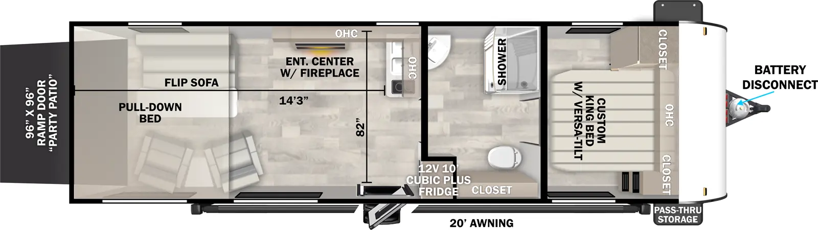 The Cruise Lite Northwest 265RTXL floorplan is a toy hauler that has one entry and zero slide outs. Exterior features include: metal exterior and 20' awning. Interiors features include: front bedroom and pass through bathroom.